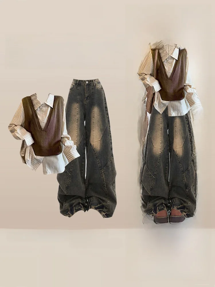 

Ретро-комплект: вязаный жилет и полосатые джинсы с широкими штанинами, женский корейский стиль, осенний модный ансамбль...