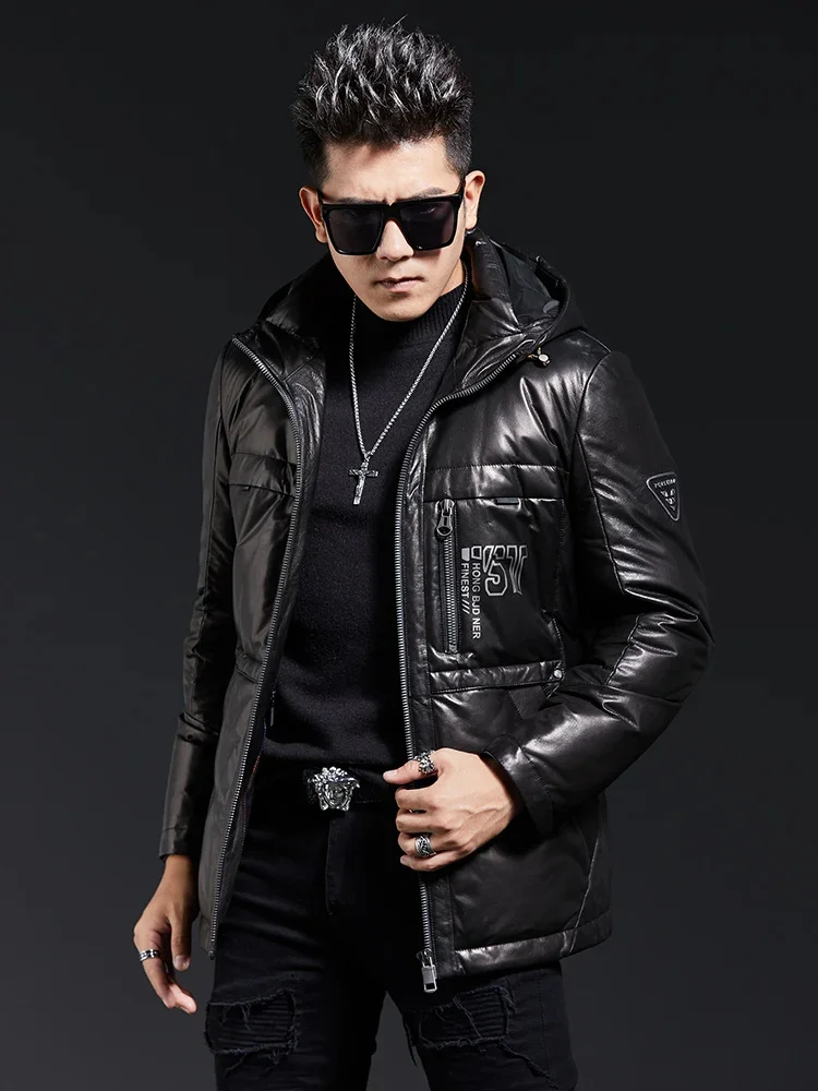 New 2024 Winter Genuine Leather Jacket Men's Hooded Thickened Warm Slim Top Layer Sheepskin Coat Men White Duck Down Coats