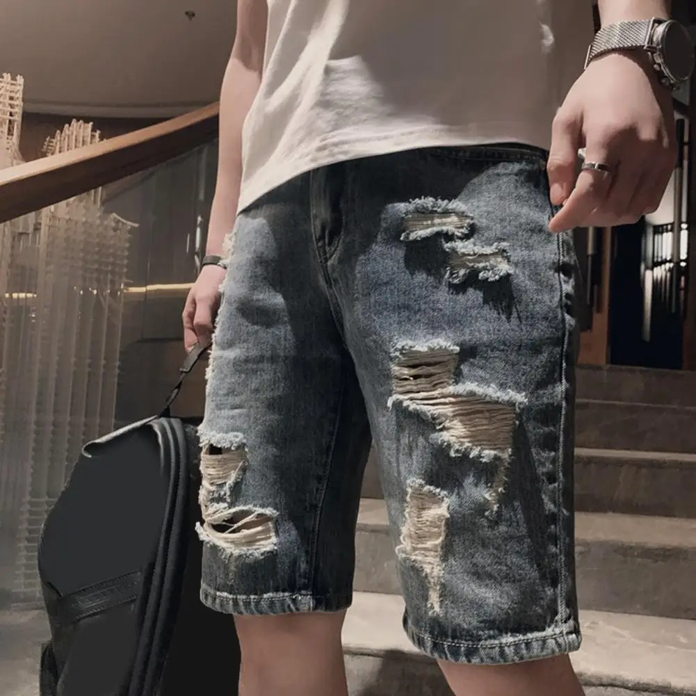 

Straight Fit Denim Shorts Men's Summer Ripped Denim Shorts with Pockets Zipper Fly Straight Leg Mid-rise Knee Length Streetwear