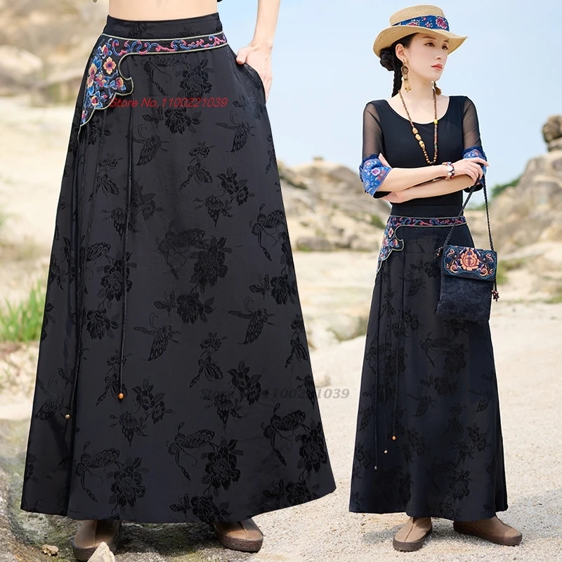 2024 traditional chinese vintage skirt national flower embroidered satin jacquard skirt oriental a-line folk skirt streetwear