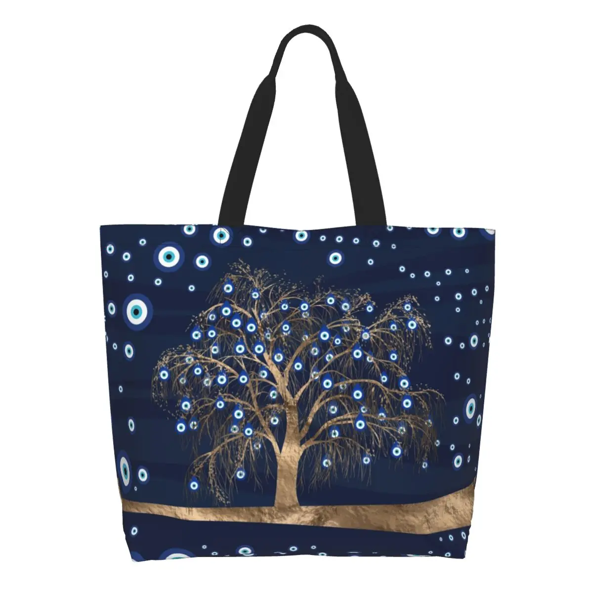 Tree Gold On Dark Blue Grocery Shopping Bags Canvas Shopper Shoulder Tote Bag Big Capacity Amulet Nazar Evil Eye Handbag