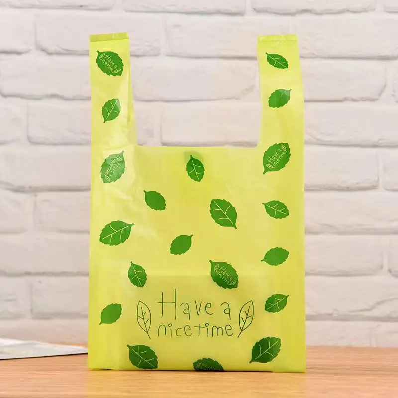 50Pcs Clear Packaging Bag Plastic Green Small Leaf Shopping Gift Bags For Jewelry Candy Store Small Business Supermarket