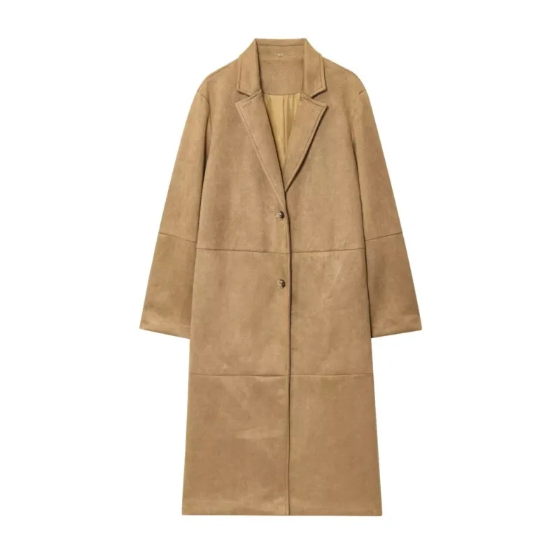 Suede Leather Coat Women Autumn Casual Long Sleeve Notched Lapel Collar Button Jacket Suit Collar Single Buckle Female Overcoat