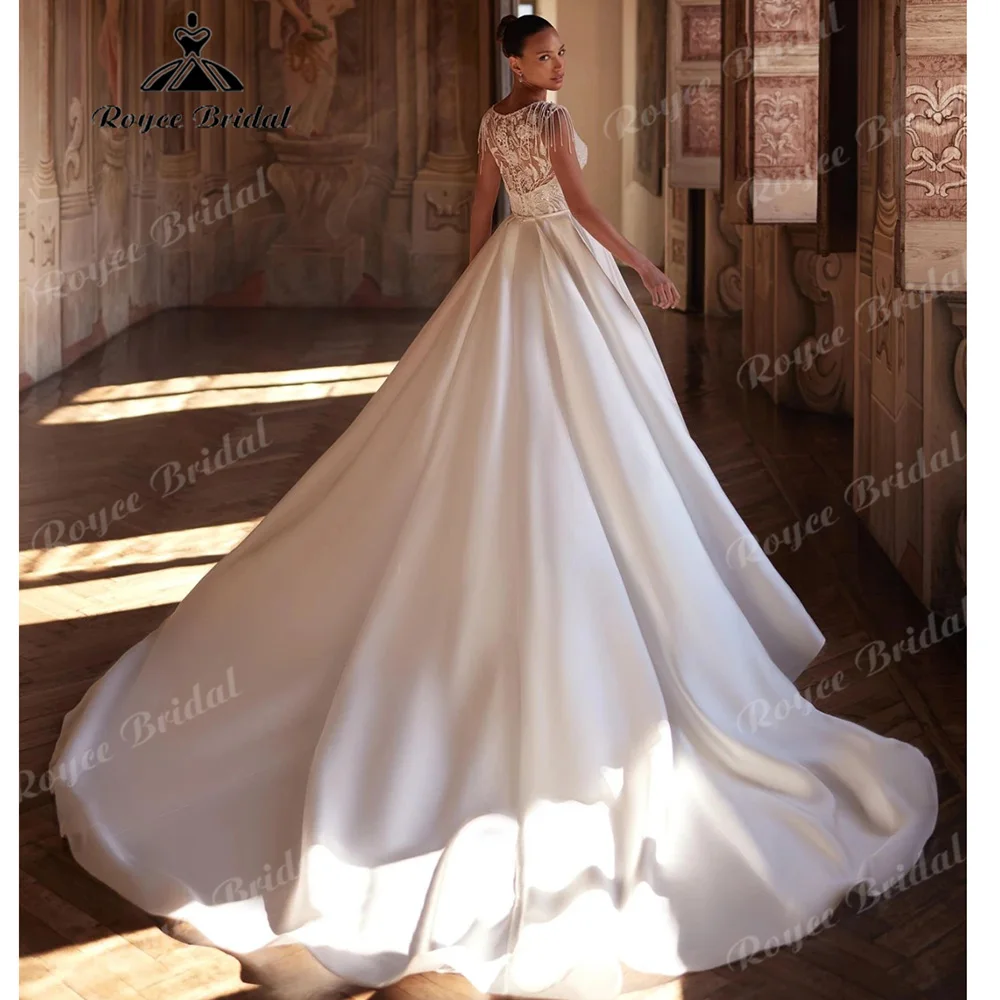 2027 Boat Neck Beaded Fringe Lace Bodice Satin Wedding Dress Illusion Back Cathedral Train Luxury Abiti Da Sposa Customized
