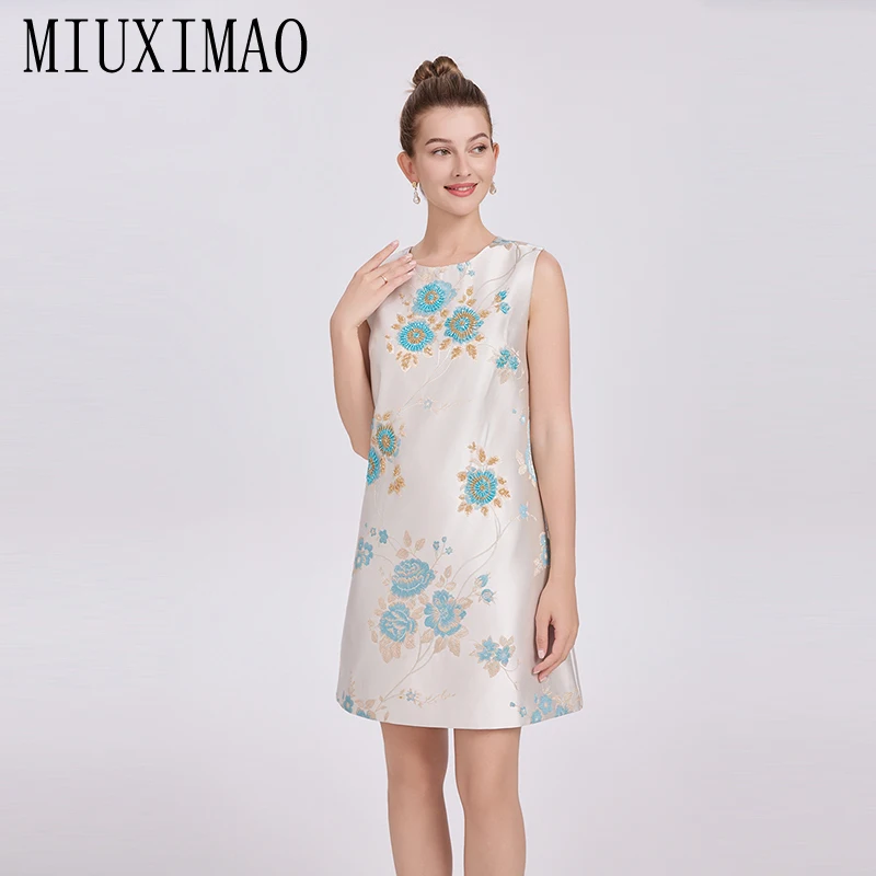

MIUXIMAO 2025 Fashion Royal Luxury Jacquard Summer Dresses 3D Blue Floral Dress A-LINE Short Diamonds Dress Women Vestides