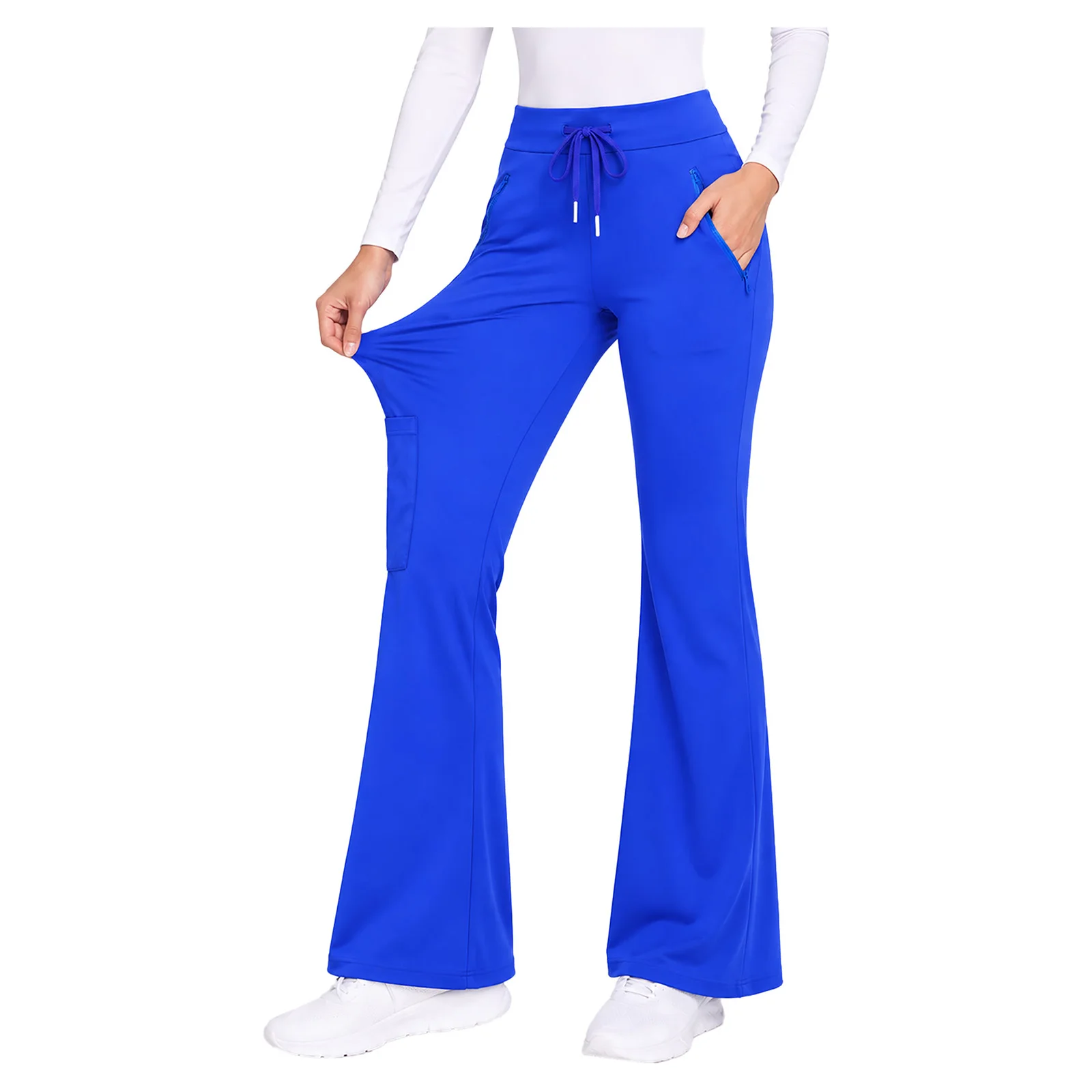 Women Yoga Scrub Pants Workout Flared Leggings Drawstring Elastic Waist Bell-bottom Trousers And Pockets Nursing Work Sportswear