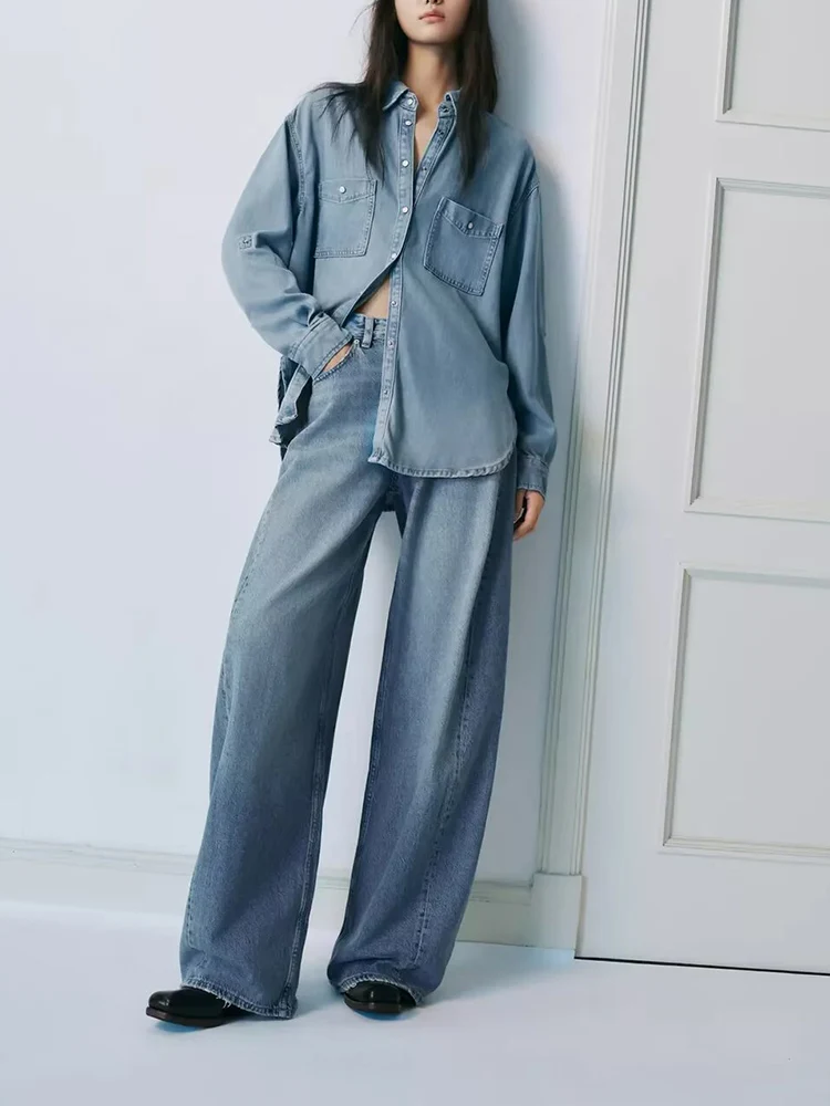 European style new women's fashion, versatile, elegant, simple and casual mid-waisted loose wide-leg jeans