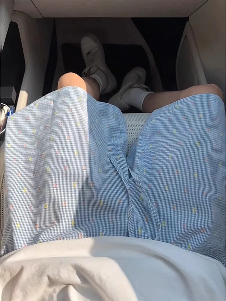 

Синяя клетчатая одежда Dopane orts ex Summer, дизайн в горошек, длина пять четвертей, пляжная одежда Qui Dry, прямые брюки