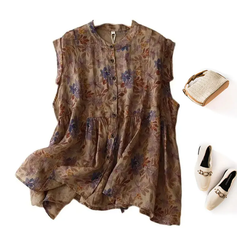 

Vintage Floral Print Sleeveless Vest Linen O-Neck Single Breasted Women's Blouse Shirt Female Clothing Tops Fashion Blouses 2024