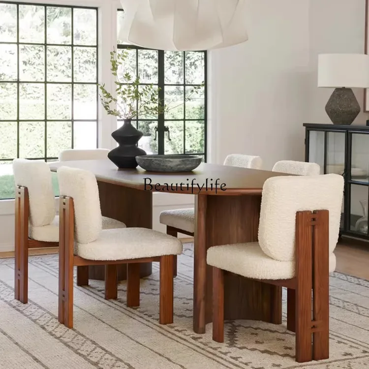 

French solid wood simple oval dining table, wabi-sabi rectangular dining table