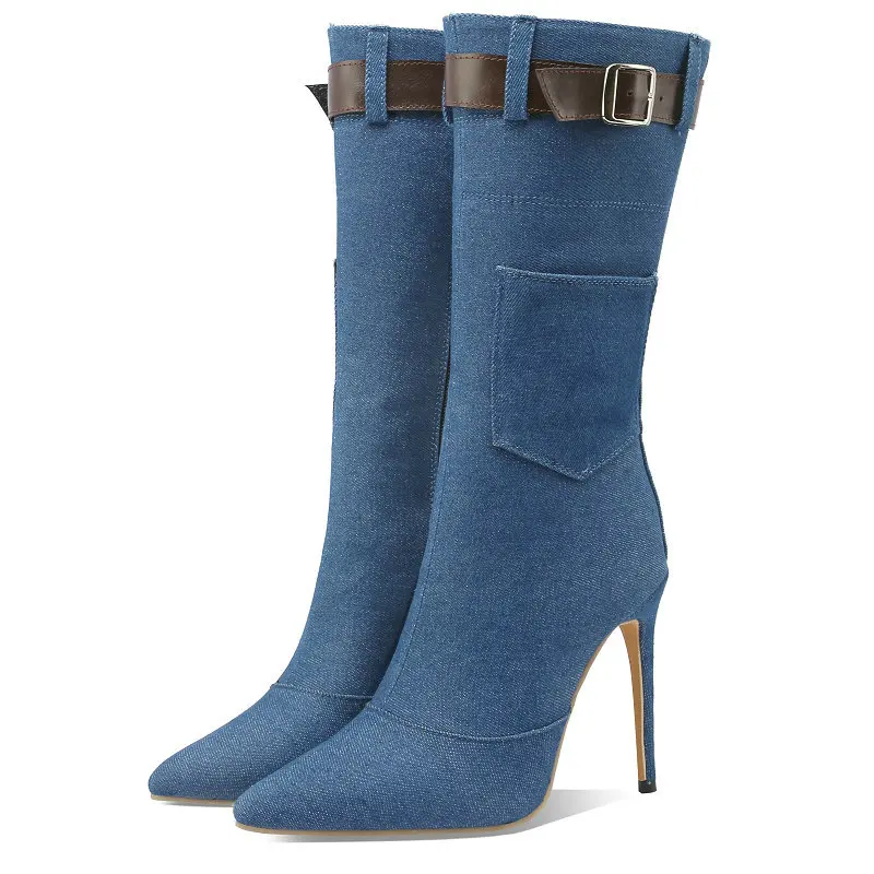 Sexy Denim Jeans Blue Black Color Pointed Toe Women Shoes Big Size 47 48 46 Buckle Belt Thin High Heels Stiletto Mid-calf Boots