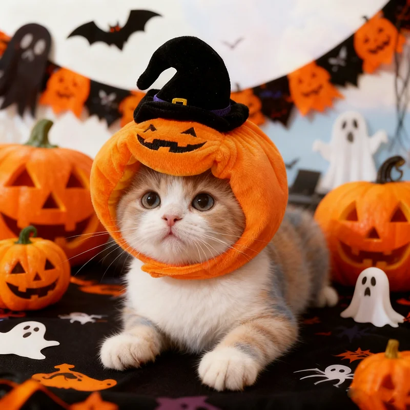 Halloween-Kürbis-Plüsch-Haustierhut – süßer, gewebter, warmer Kopfschmuck für Katzen und Hunde, als Kostümzubehör für Kätzchen und Welpen. – Detail 5