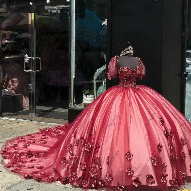 LIYYLHQ Hot Sales Burgundy Red Quinceanera Dresses Princess Ball Gown 3D Flower Sweetheart Appliques Tulle  Sweet 15 16 Dresses