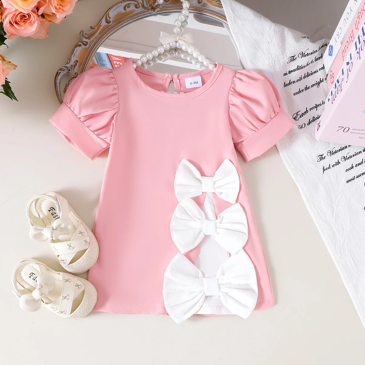 2026 Summer Kids Girls Pink Dress with 3D White Bow Puff Sleeve Cute Princess Dress for 6M-3Y