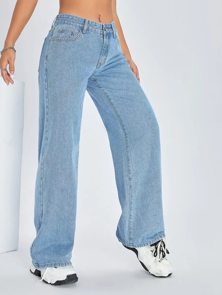 

Solid Color Pocket Casual Versatile Wide-Leg Jeans