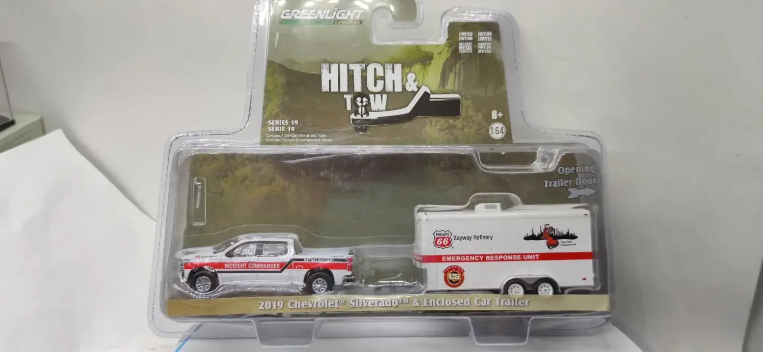 

GreenLight 1:64 2019, Chevrolet Silverado и закрытый автомобильный прицеп, модель автомобиля из сплава, Коллекционная игрушка, подарок, сувенир, украшение для дисплея