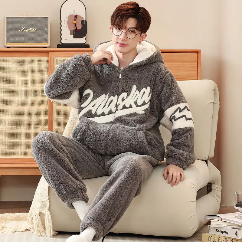 Can Be Worn Outside Coralline Pyjamas Men's Autumn/Winter with Fleece Thickened Winter Youth Winter Flannel Warm Men's Homewear