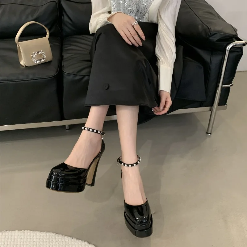 

Fashion Women's Sandals 2025 New Style One-Strap Side-Cutout Thick Platform High Heels 12cm Biege Large Size 42 Summer Shoes