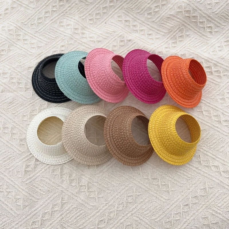 قبعة من القش على الموضة للحفلات مفتوحة منسوجة ملحقات تزيين علوية فارغة على الطراز الريفي لتزيين ملابس دمية Labubu