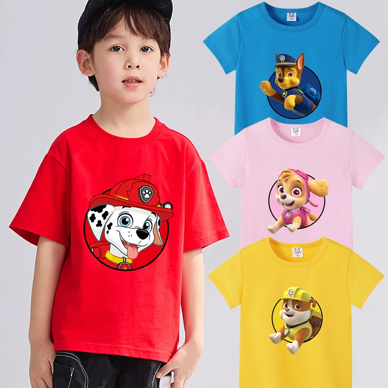 Ropa de patrulla canina para niños, camiseta de Chase, Skye, Rubble, Marshall, Everest, Tops de manga corta, regalos de cumpleaños