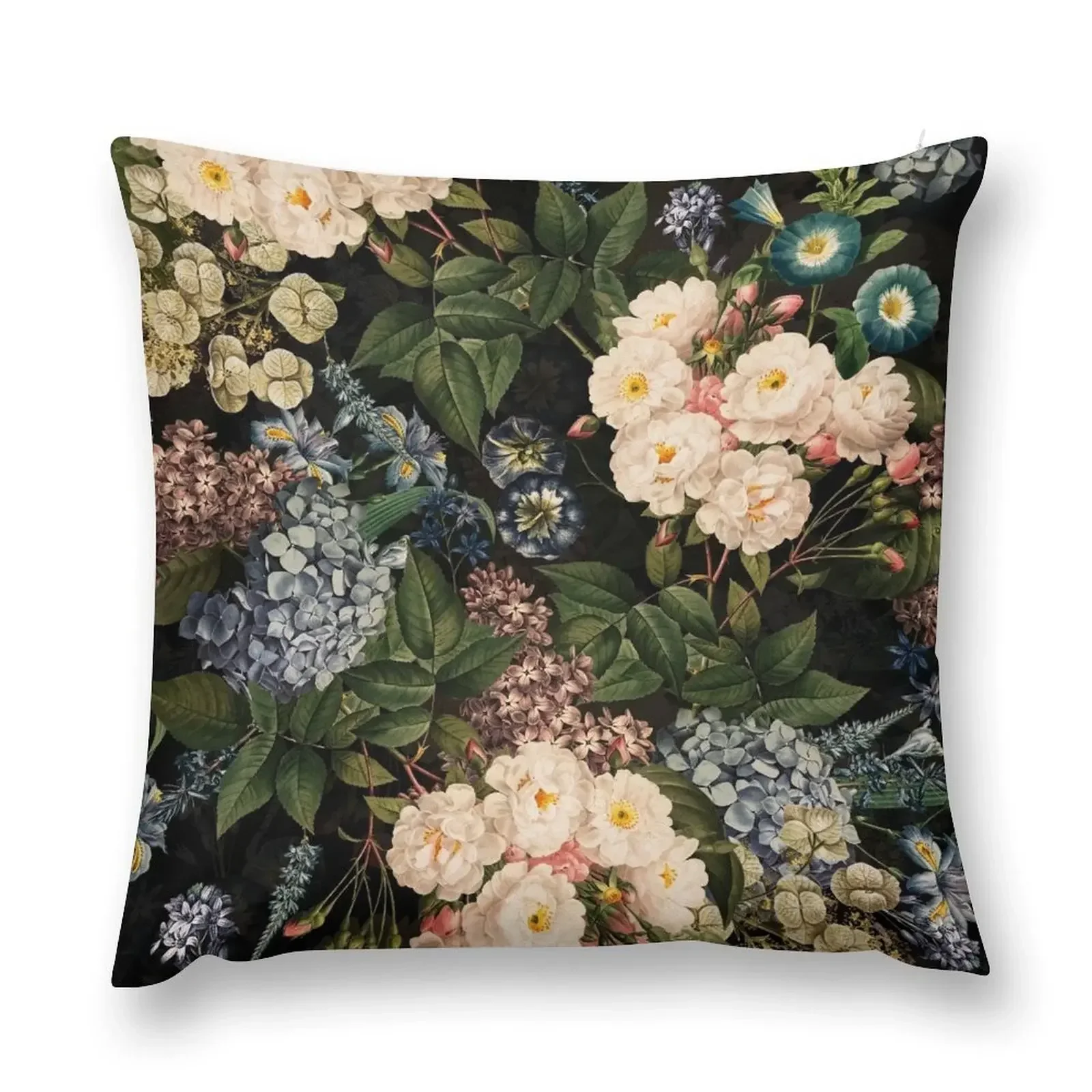 

Blue Hydrangea And White Baroque Vintage Roses Botanical Night Garden Throw Pillow sleeping pillows Sofa Cushion pillow