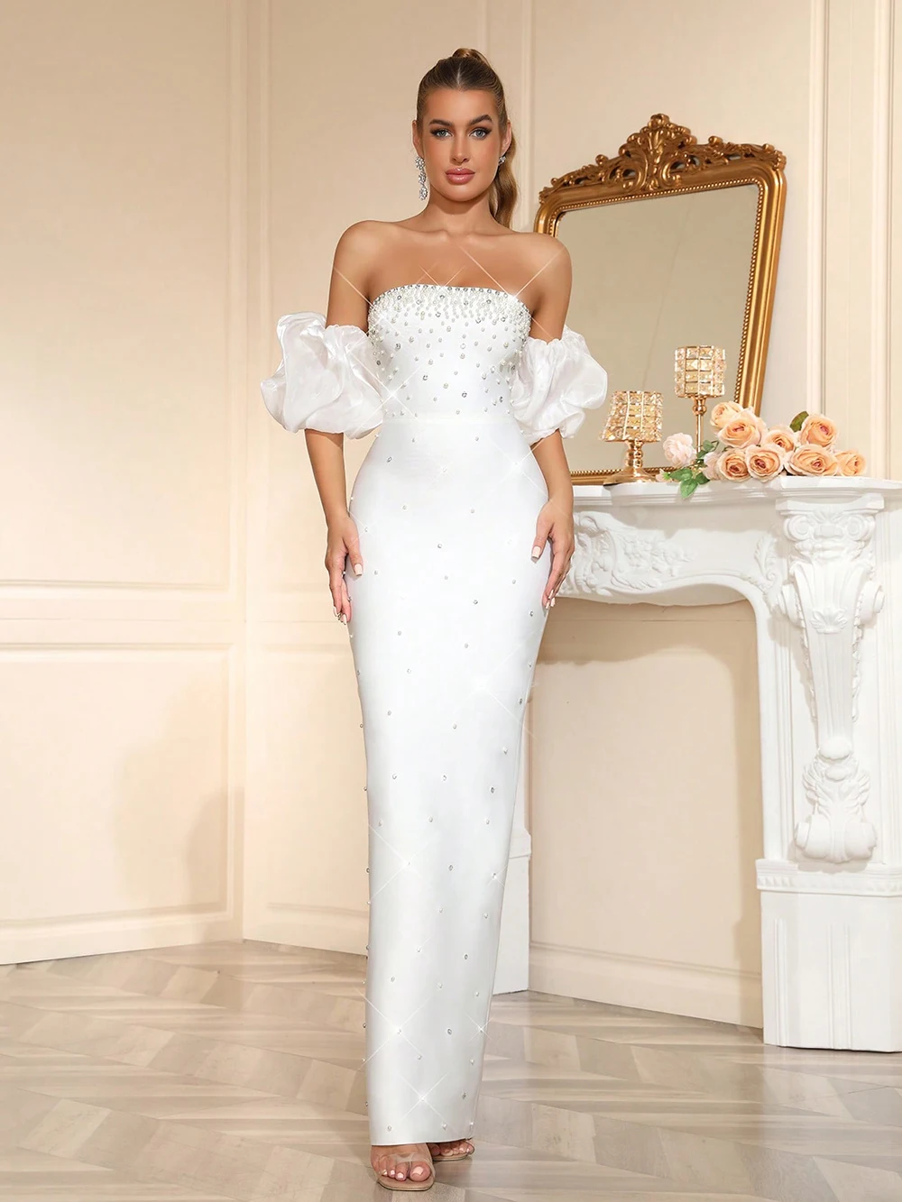 

Modphy Women Sexy Strapless Diamond Maxi Long Bodycon Bandage Dress With Bubble Sleeves 2025 Elegant Evening Wedding Party Gowns