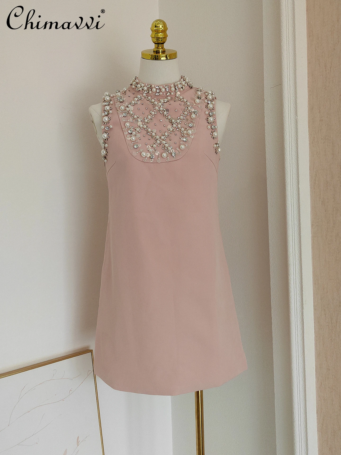 

French Elegant Temperament Celebrity Beaded Diamond Round Neck Sleeveless High Waist Slim A-line Sweet Pink Short Dress Women