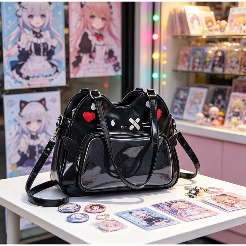 Umhängetasche, Katzenförmige Ita-Tasche mit transparentem Sichtfenster für Abzeichen, Pins und Puppen, leichte, niedliche Mode-Rucksäcke – Detail 24