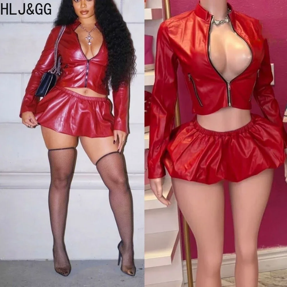 

HLJ&GG Red Fashion Leather Puffy Mini Skirts Two Piece Sets Women Zip Long Sleeve Jacket And Skirts Outfit Y2K Female Streetwear