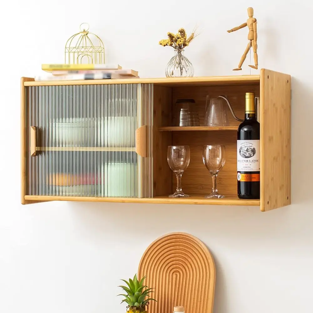 

Small Bamboo Wall Mounted Kitchen Pantry Sideboard With 2 Doors, Coffee Wine Bar Storage Cabinet For Liquor And Glasses,