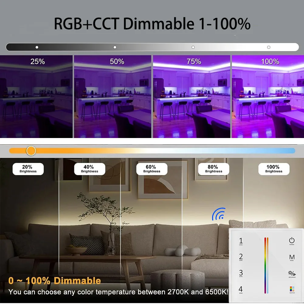 Imagem -03 - Wifi Led Strip Controlador Rgb Mais Cct Rgbcw Dimmable Zone 2.4g Controle Remoto de Toque Tuya Smart Life App para Alexa e Google Home 5in