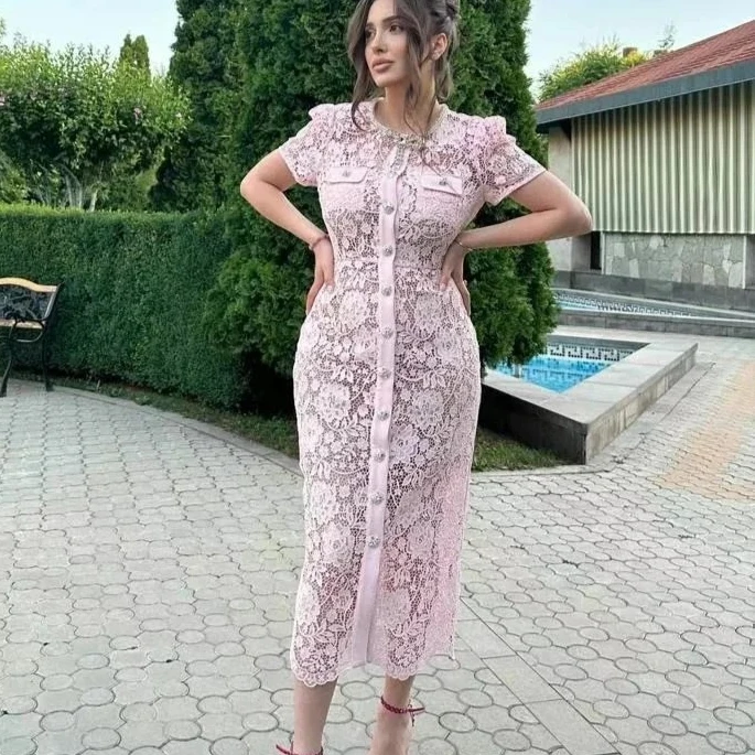 

Women's pink lace dress round neck short sleeves diamond decoration elegant midi robe
