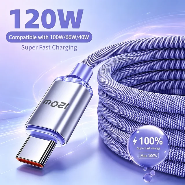 Novo Cabo Colorido NNBILI de 120W USB Tipo C para Tipo C para iPhone 18, Carregamento Rápido para Huawei, Honor, Xiaomi, Cabo Trançado USB A para Tipo C
