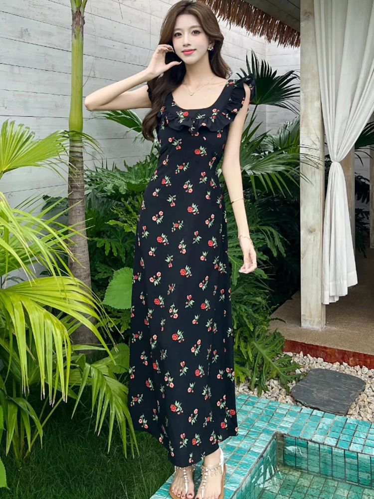 Zomer Zwarte Bloemen Chic Ruches Sling Lange Jurk Vrouwen Koreaanse Vintage Hepburn Jurk 2025, Elegante Bodycon Luxe Avondjurken