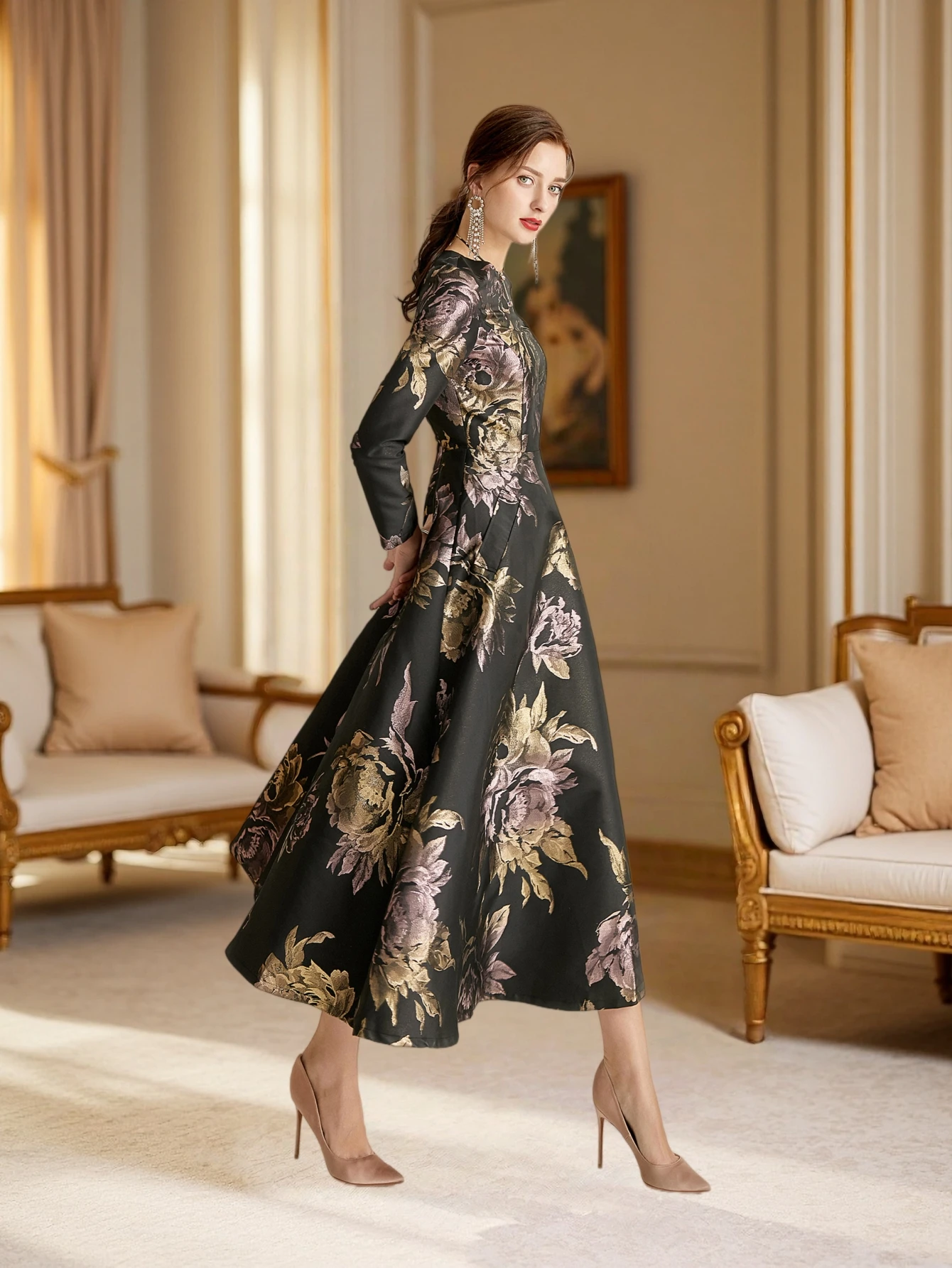 Luxury Women Long Maxi Jacquard Dress Spring Autumn Boho Floral Fashion Clothing Ladies Party Evening Ball Gown