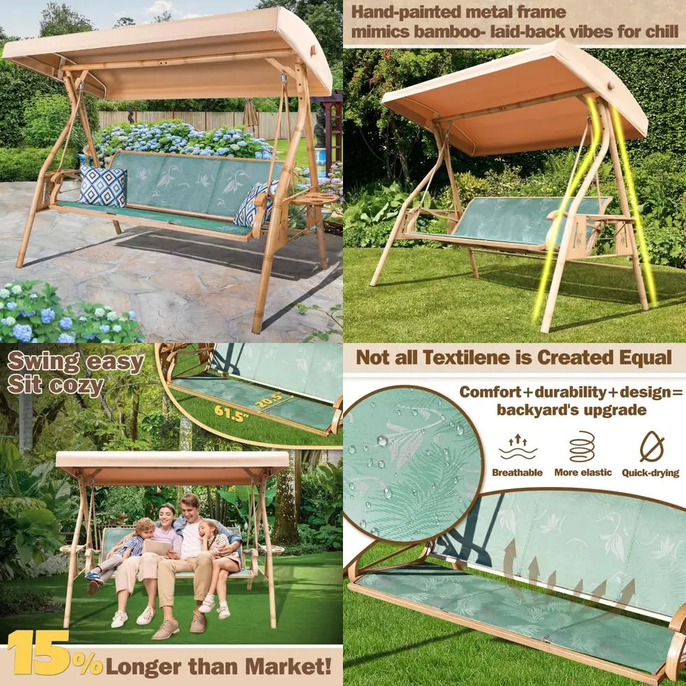 

Adults' 3-Person Patio Swing with Adjustable Canopy and Upgraded Cup Holders, Textilene Fabric Porch Swing Chair