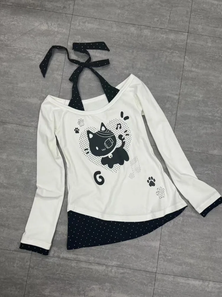 

Subculture Cute Patchwork Polka Dot T-shirt Women Sweet Tie Up Fake Two-piece Clothes Japan Print Casual Long Sleeved Slim Tops