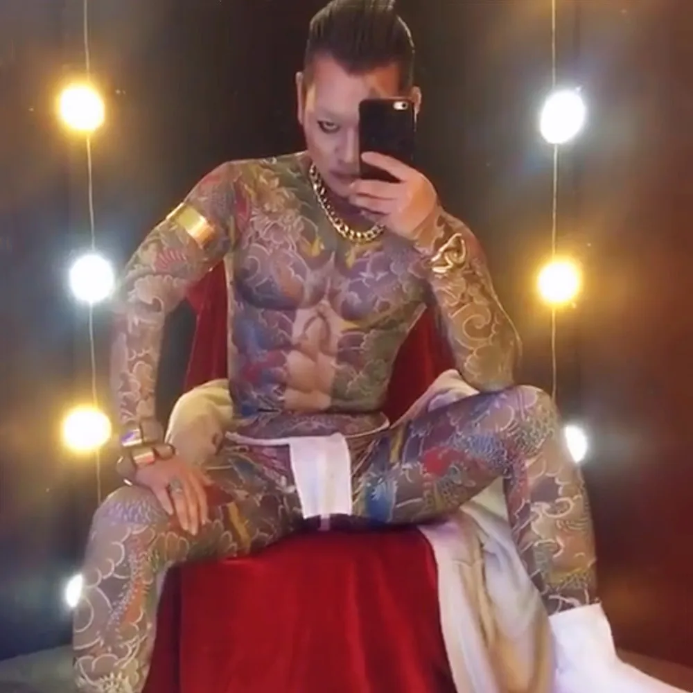 

Men Fake Muscle Tattoo Print Elastic Jumpsuit Pole Dance Leotard Nightclub Carnival Party Cosplay Costume Dancer Sexy Stage Wear