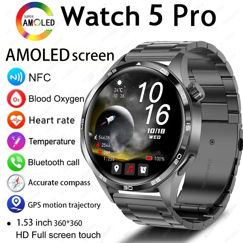 

Для HUAWEI Watch 5 PRO Смарт-часы Мужчины GT5 Pro AMOLED HD Экран Bluetooth Вызов GPS NFC Сердечный ритм Спортивные умные часы Женские 2024 Новинка