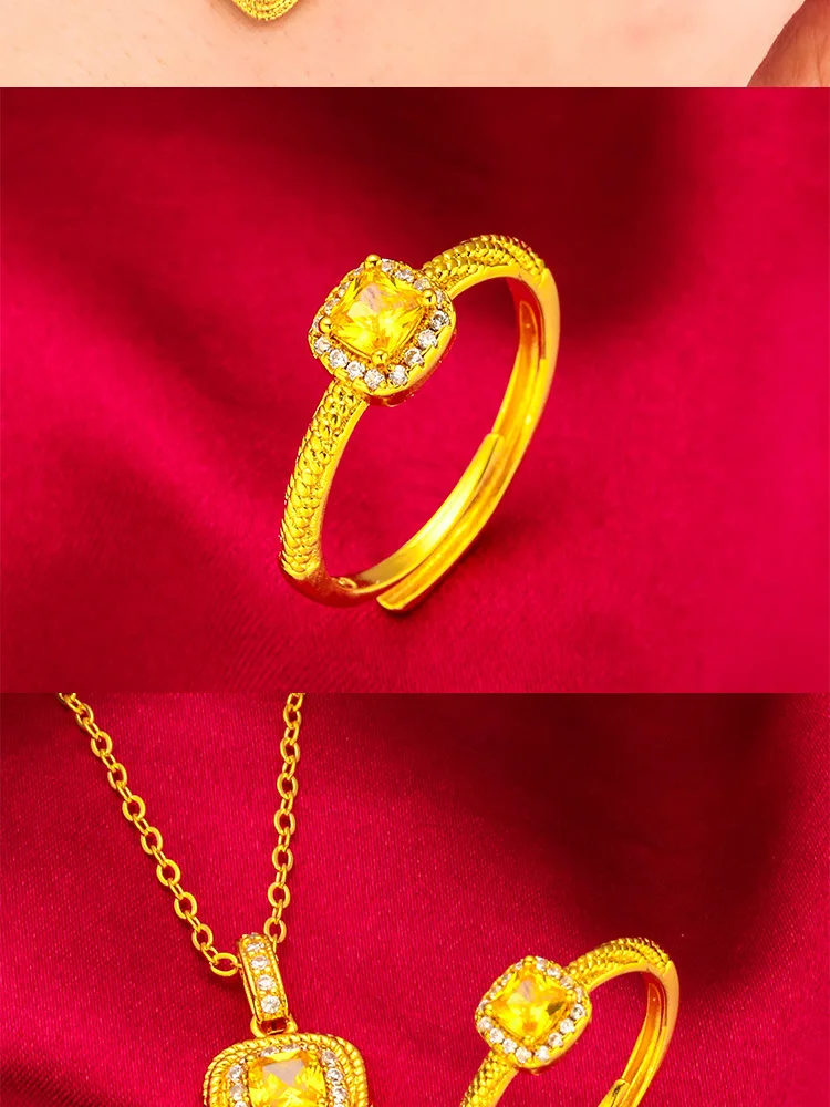 24K Gold Mini Sugar Cube Ring Necklace Set AU999 Pure Gold, 3D cube design, mirror-polished finish, perfect for daily layering