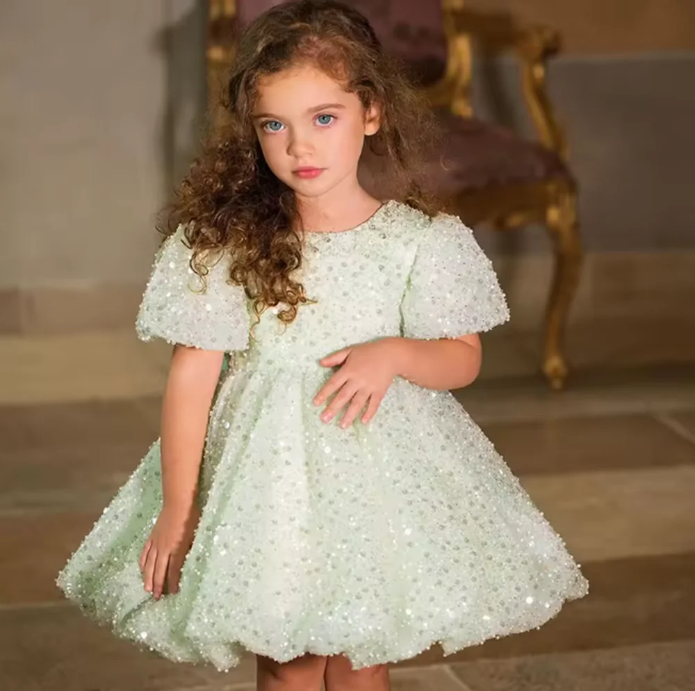 

Luxury Elegant Shiny Sage Girl Dress Bow Princess Baby Kids Wedding Birthday Party Gown First Communion Pageant