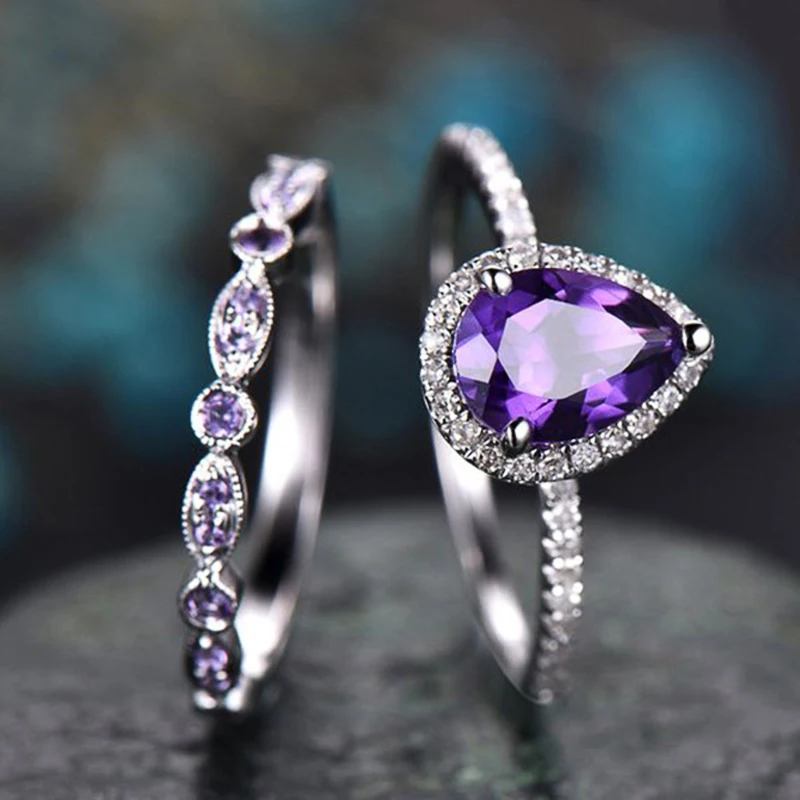 Huitan Charming Pear Purple Cubic Zircon Set Rings for Women Wedding Party Temperament Elegant Lady Accessories Fashion Jewelry