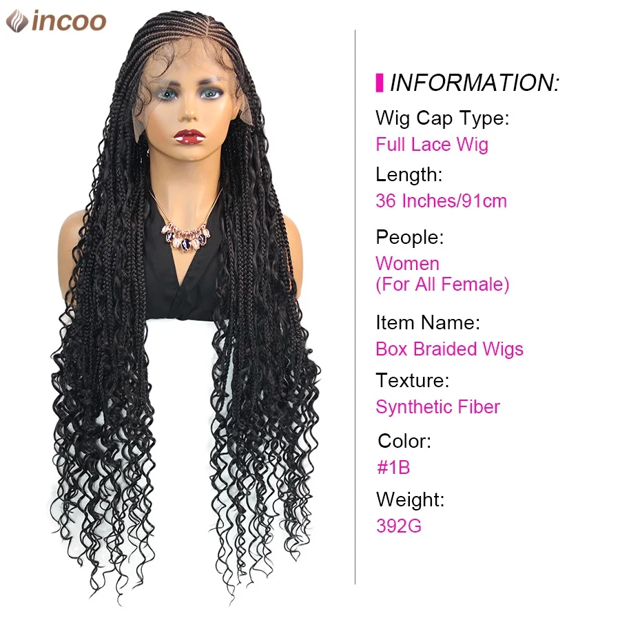 بوهو شعر مستعار مضفر الاصطناعية Knotless صندوق جديلة الباروكات مع نهايات الشعر المجعد Locs آلهة كامل الدانتيل الباروكات Cornrows تجديل خصلات الشعر المستعار