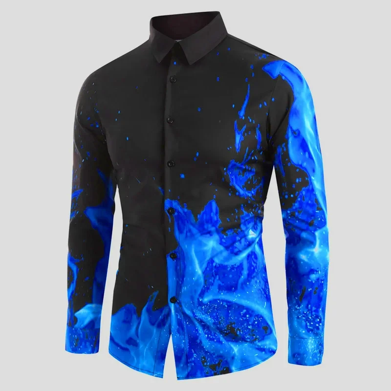

Men's Shirt Blue Purple Flame Pattern 3d Print Shirts Men Fashion Hawaiian Shirt Casual Beach Long Sleeve Blouse Lapel Shirt