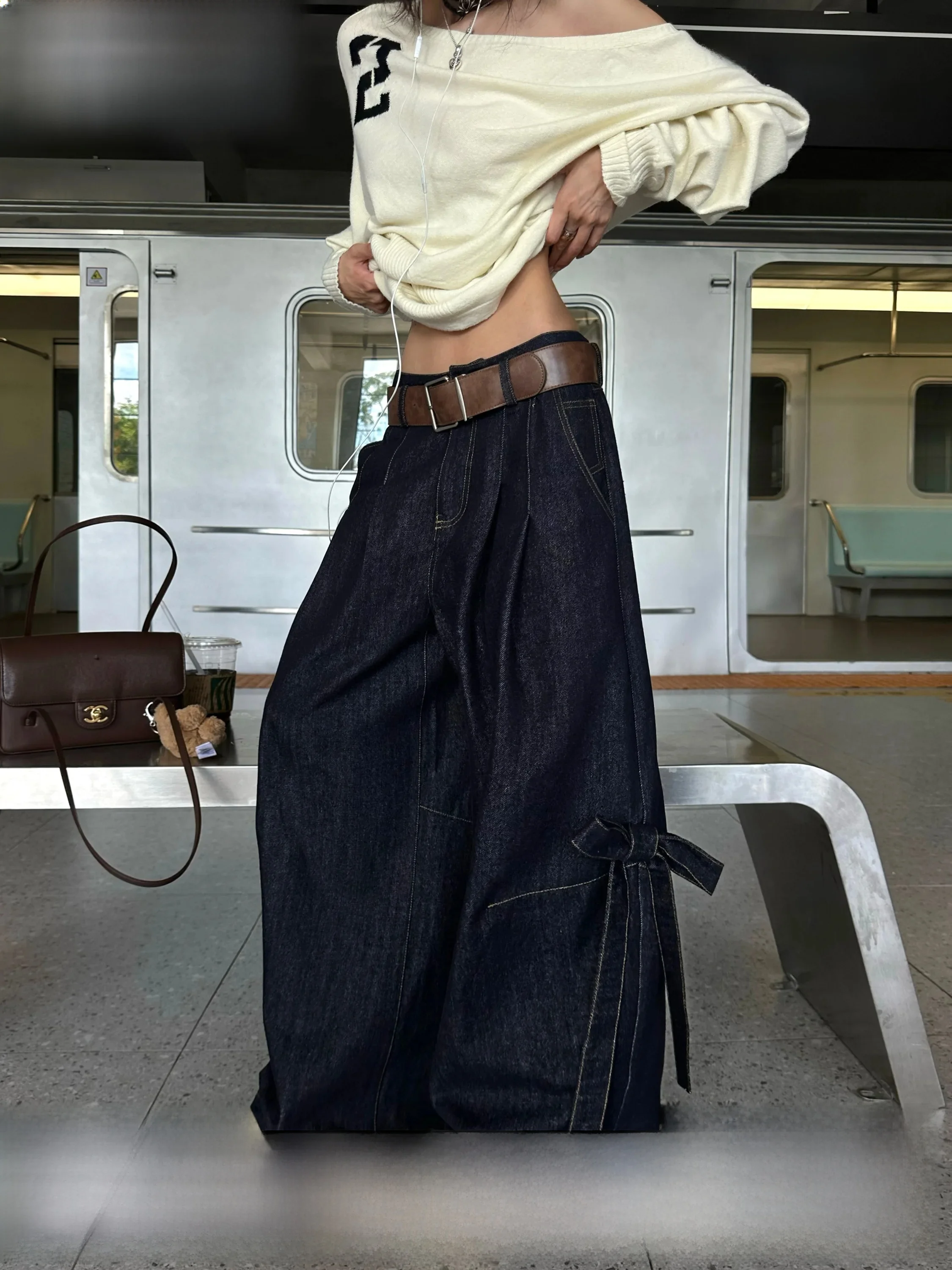 Original Color Denim Women's Jeans Fall Season High Waist Wide Leg Pants  Knot Pocket Design Floor Length Trousers