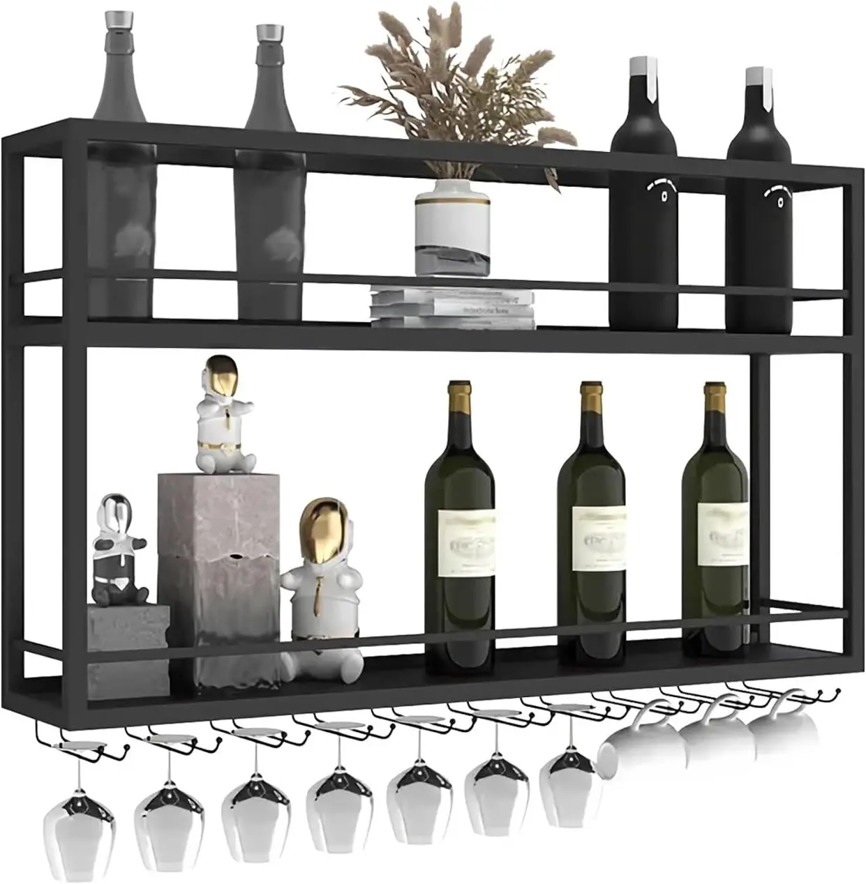 

Industrial Wall Mounted Wine Rack, 2-Tier Wood Shelf with Stemware Holder, Black Multi-Functional Storage for Home Bar Kitchen