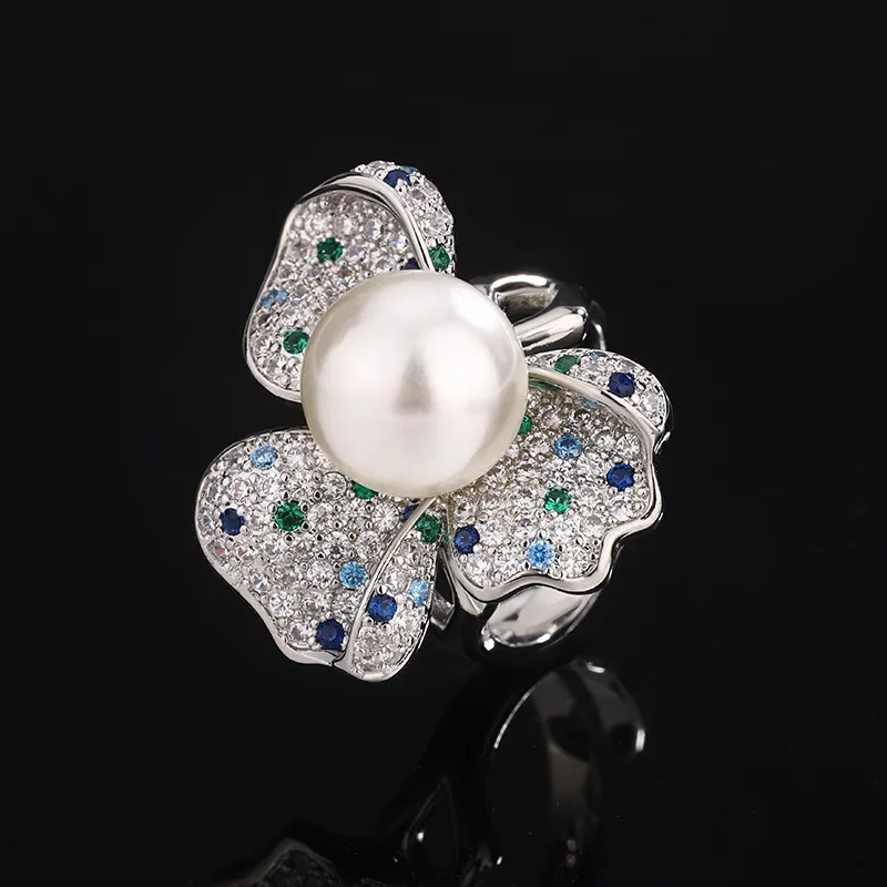 

12mm White Timeless Pearl Jewelry Flower 5A Classic Cubic Zirconia Adjustable Ring Women's High Quality Minimalist Design Gift