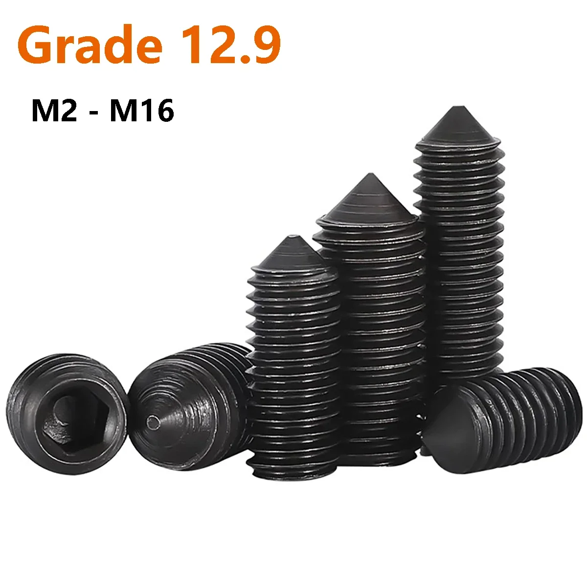 M2 M2.5 M3 M4 M5 M6 M8 M10 M12 M14 M16 Grade 12.9 Black Carbon Steel Hex Hexagon Socket Set Screws Cone Point Grub Screw DIN914