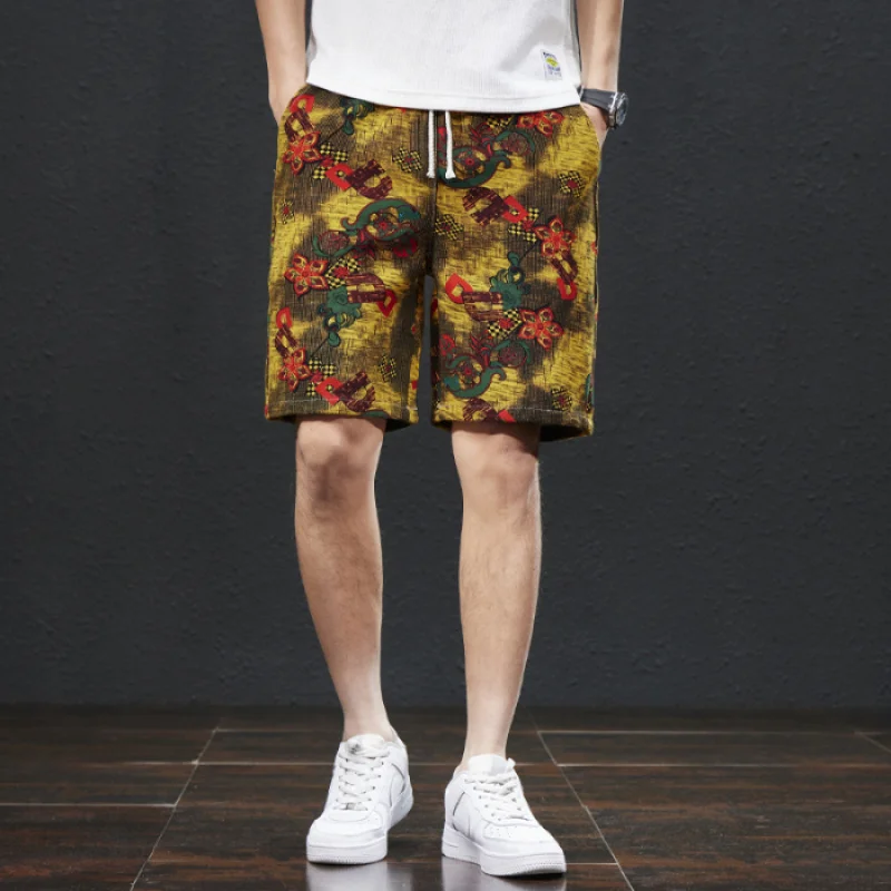 

2024 Summer New Chinese Style Printed Beach Pants Men's Loose Trendy Capris Street Leisure Outdoor Shorts