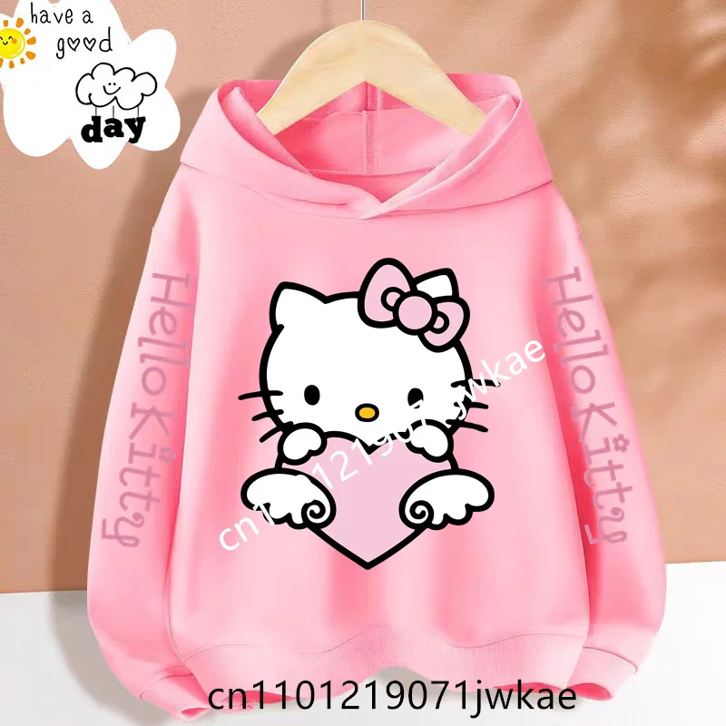 

Children's Fashion Pink Hooded Sweatshirt Girls Sanrio Hello Kitty Printing Hoodie Fall and Winter Outdoor Warm Long-sleeved Top